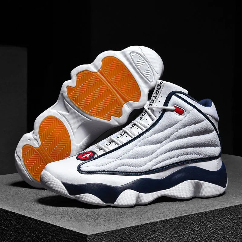 Men's high-top basketball shoes with mesh upper and thick rubber sole in AJ13 colour options