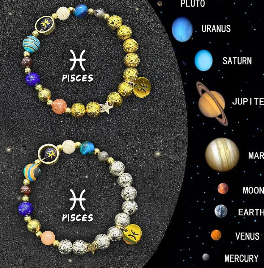 Two natural stone zodiac charm bracelets with elastic threads showing different zodiac symbols