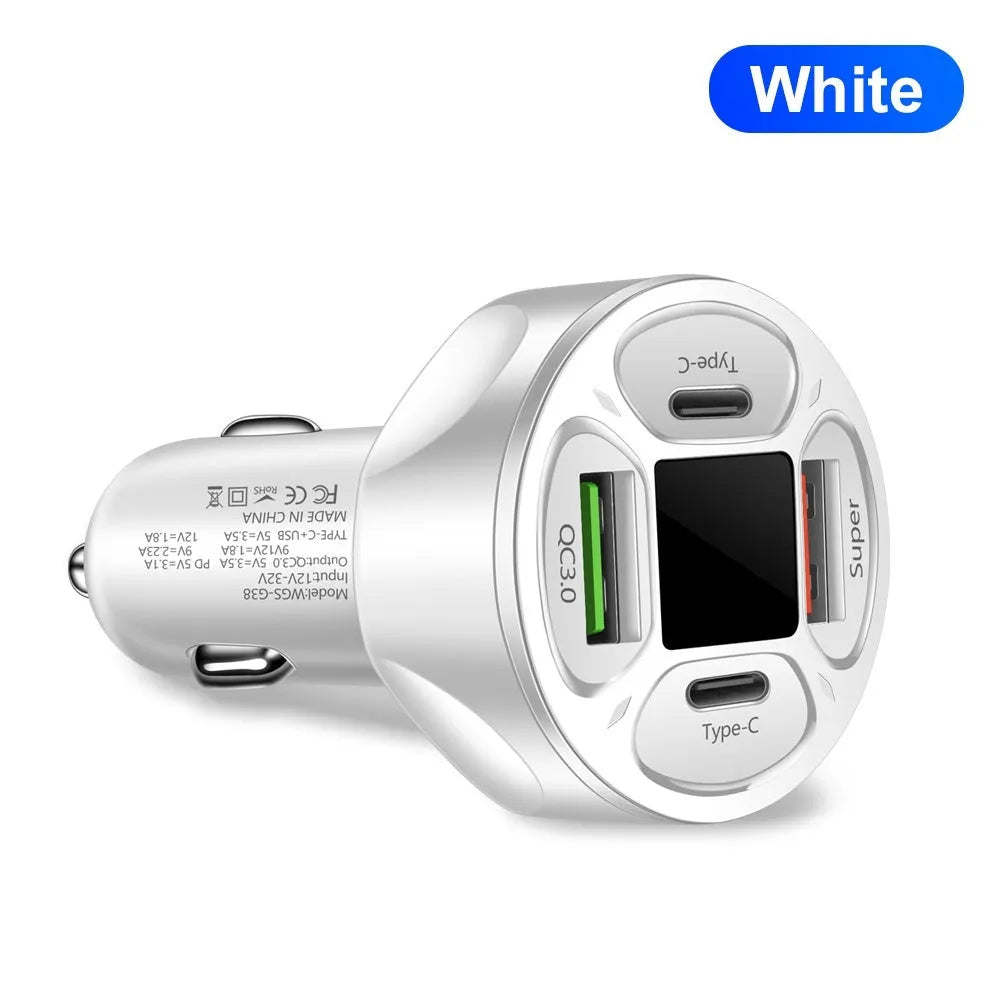 66W car charger with digital display showing dual USB and dual Type-C ports
