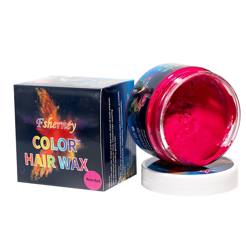 120g container of hair styling clay shown in one of nine colour options: blue, green, purple, red, orange, yellow, white, rose red, or granny grey.