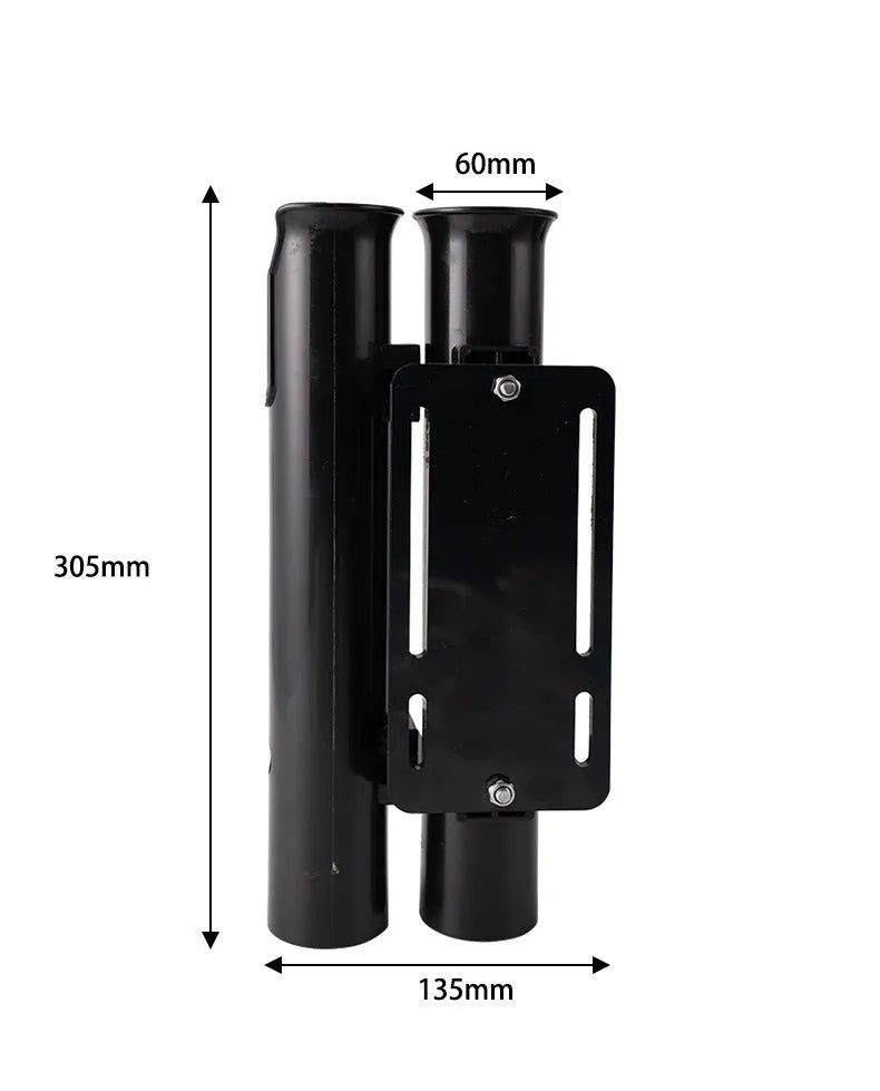 Plastic fishing rod rack with double-layer frame for mounting to bicycle or motorcycle handlebars.