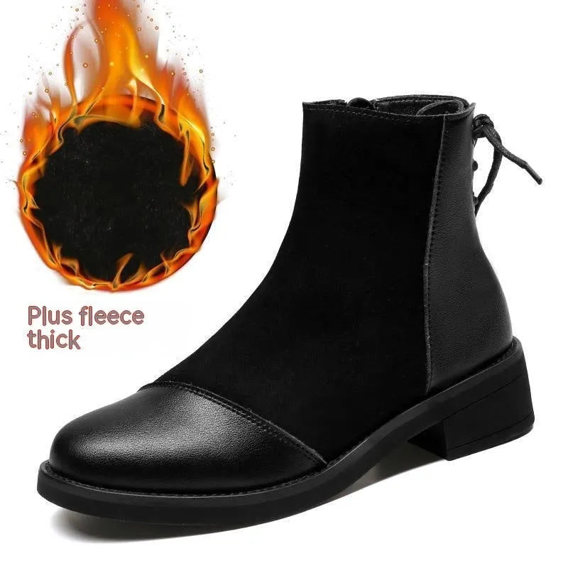 Women's black knee-high Martin boots with side zip and bow detail