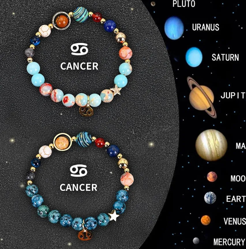 Set of twelve natural stone beaded bracelets laid out, each with a different design representing a zodiac sign.
