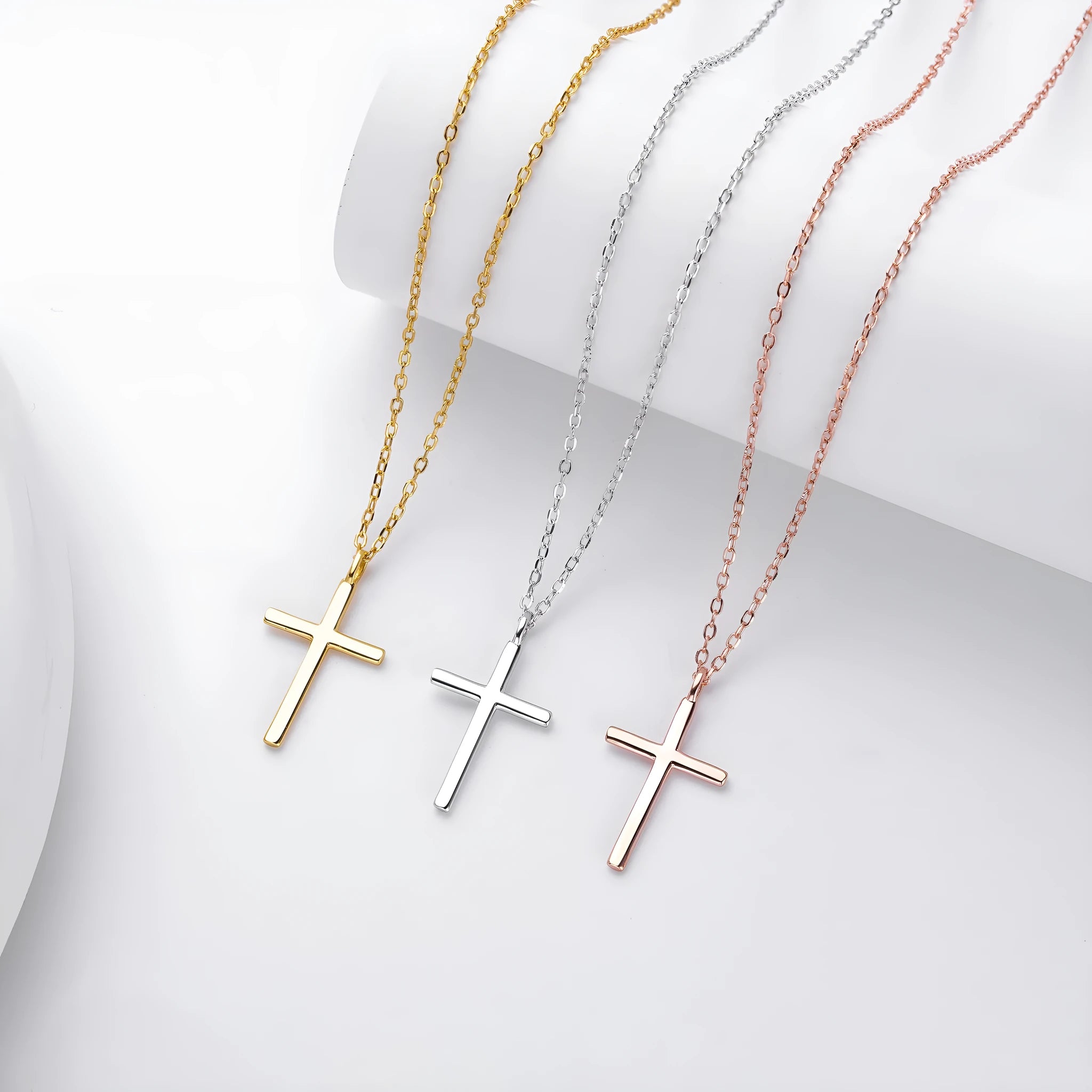 S925 sterling silver cross pendant necklace with O-shaped chain in gold plating