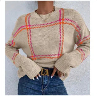 Women's loose casual plaid colour-block crew neck sweater with striped pattern