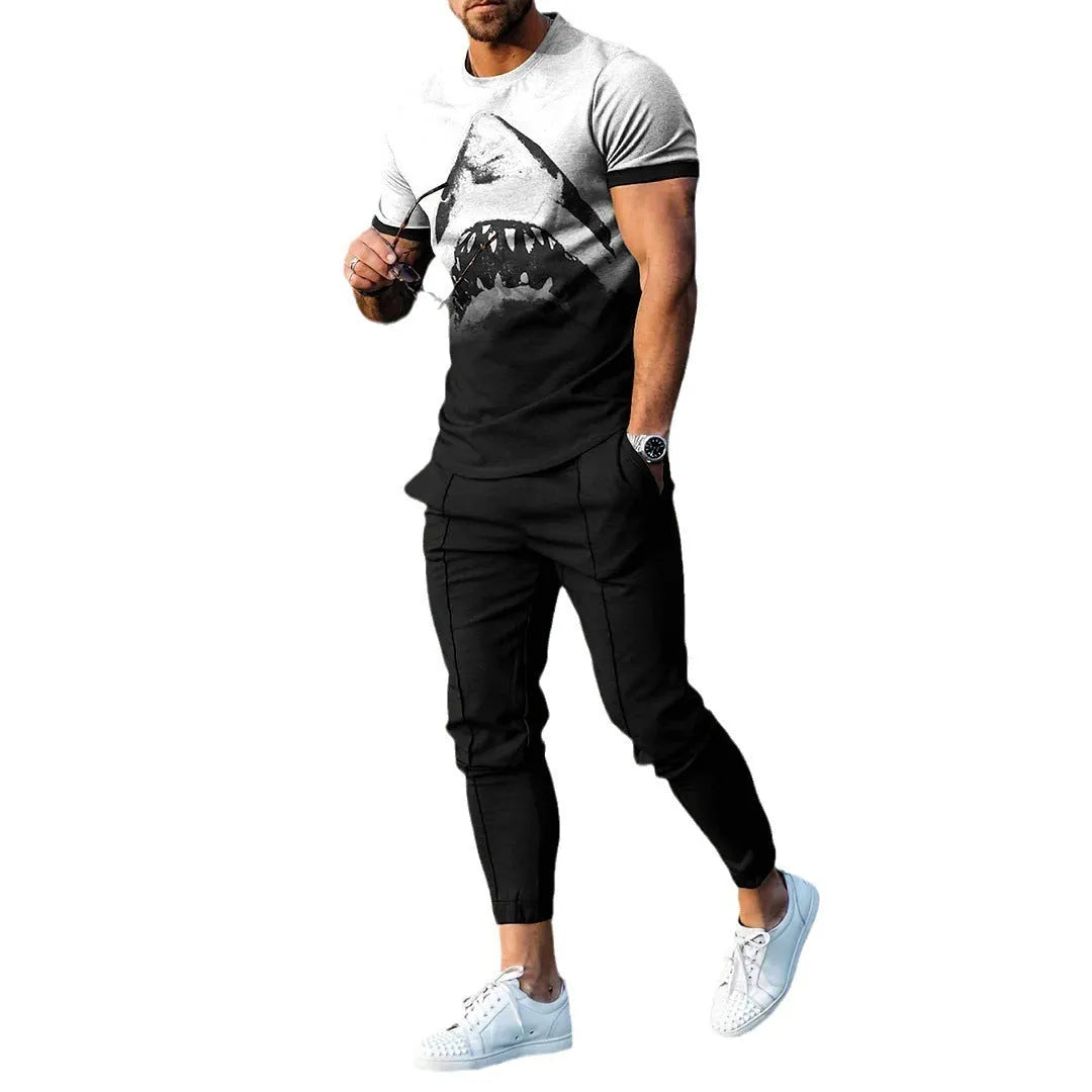 Men's short-sleeved printed pullover and matching trousers set on a neutral background