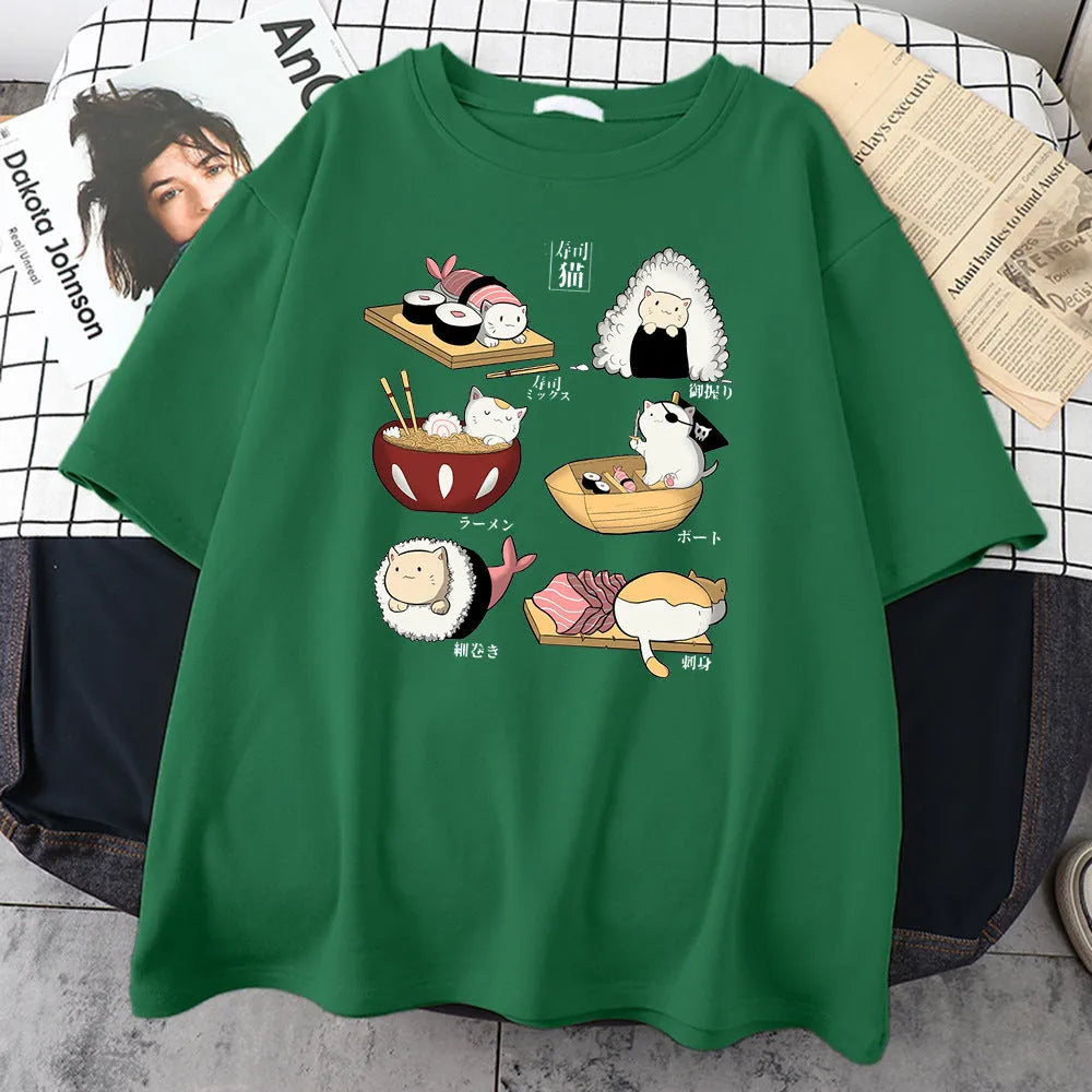 Men's black cotton t-shirt with a cute cartoon print of cats designed as sushi rolls.