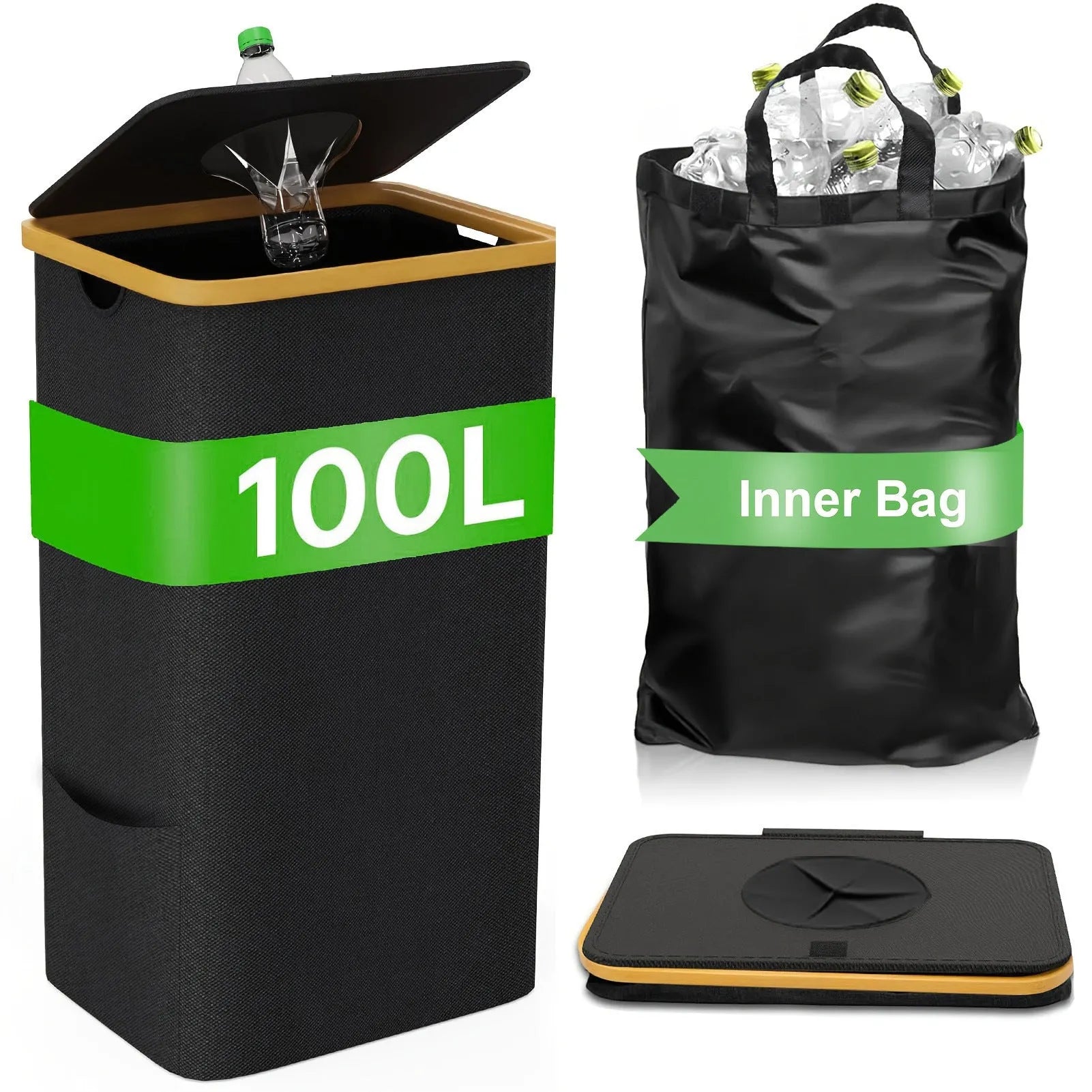 Black bamboo-style storage basket with removable lid and visible inner pockets made from Oxford cloth.