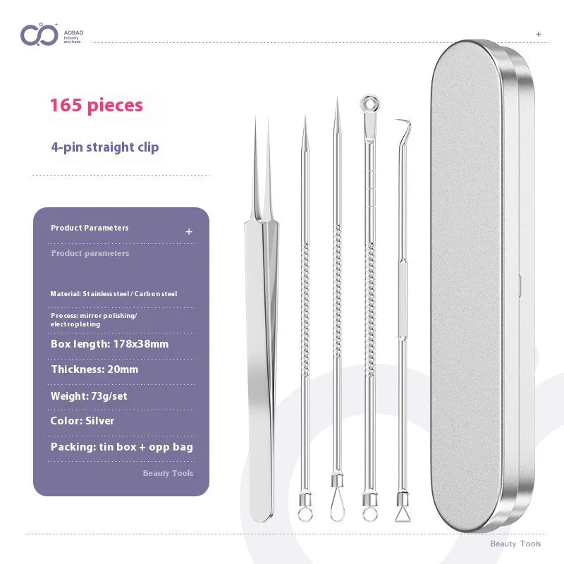 Four silver metal acne needles with pointed tips for skincare extraction