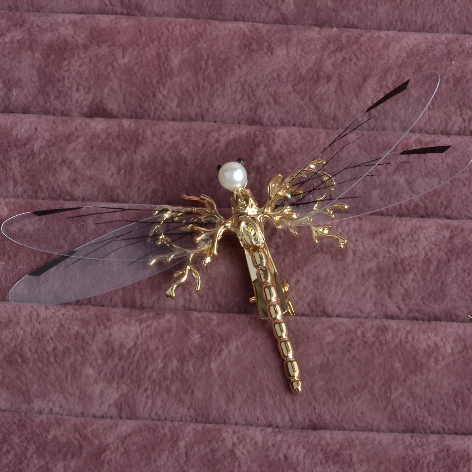 Golden electroplated dragonfly side clip headdress for women with detailed insect design