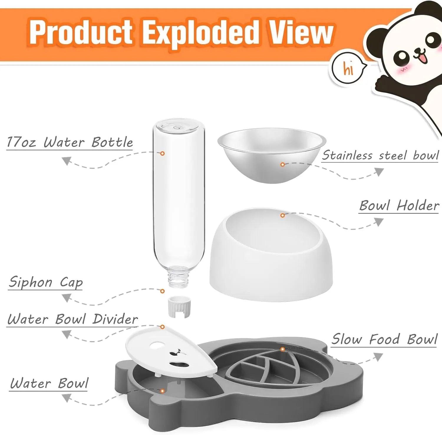 Grey panda-shaped automatic pet water dispenser with tilted stainless steel bowls for cats and small dogs