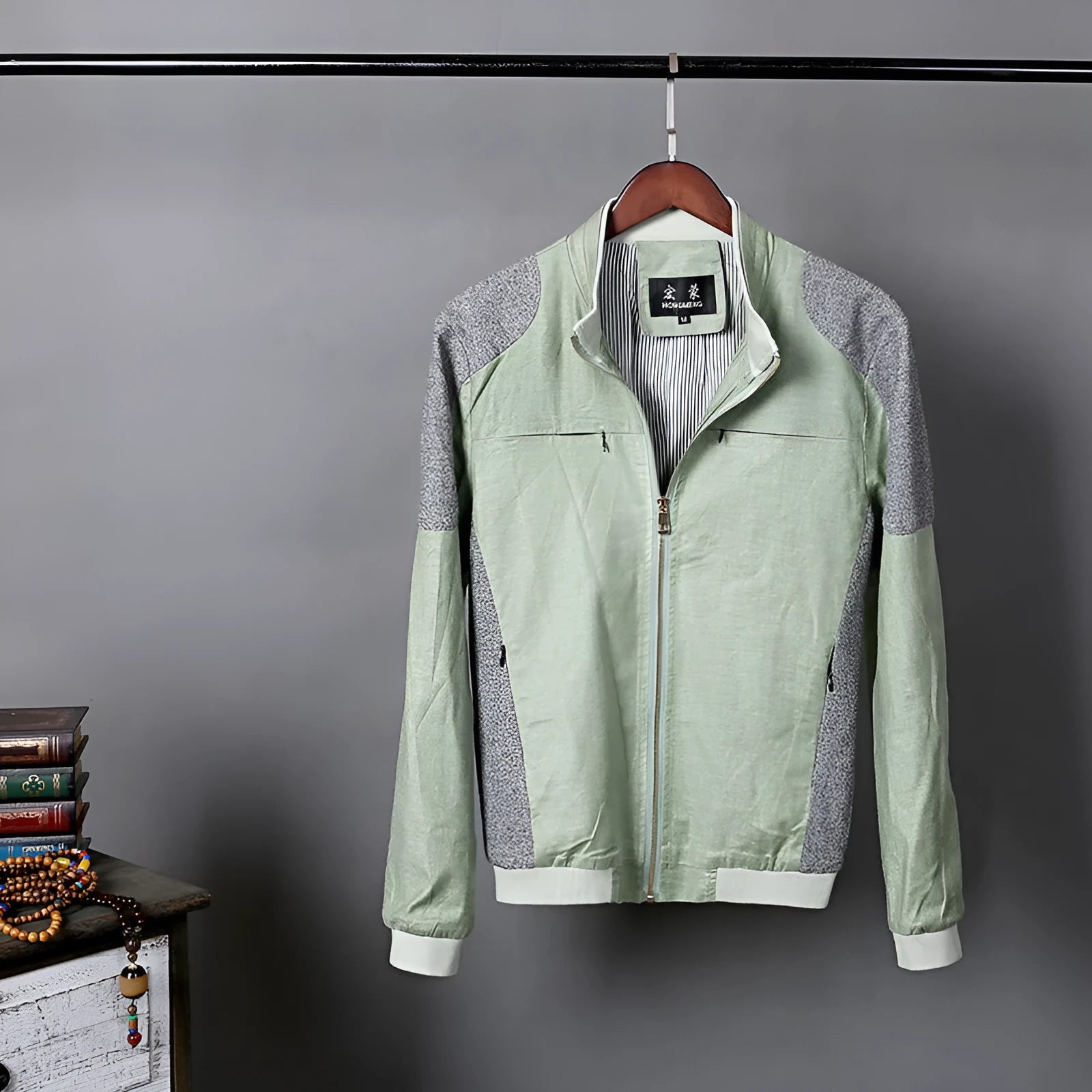 Men's thin heather grey cotton linen jacket shown on a model, regular fit for casual leisure wear.
