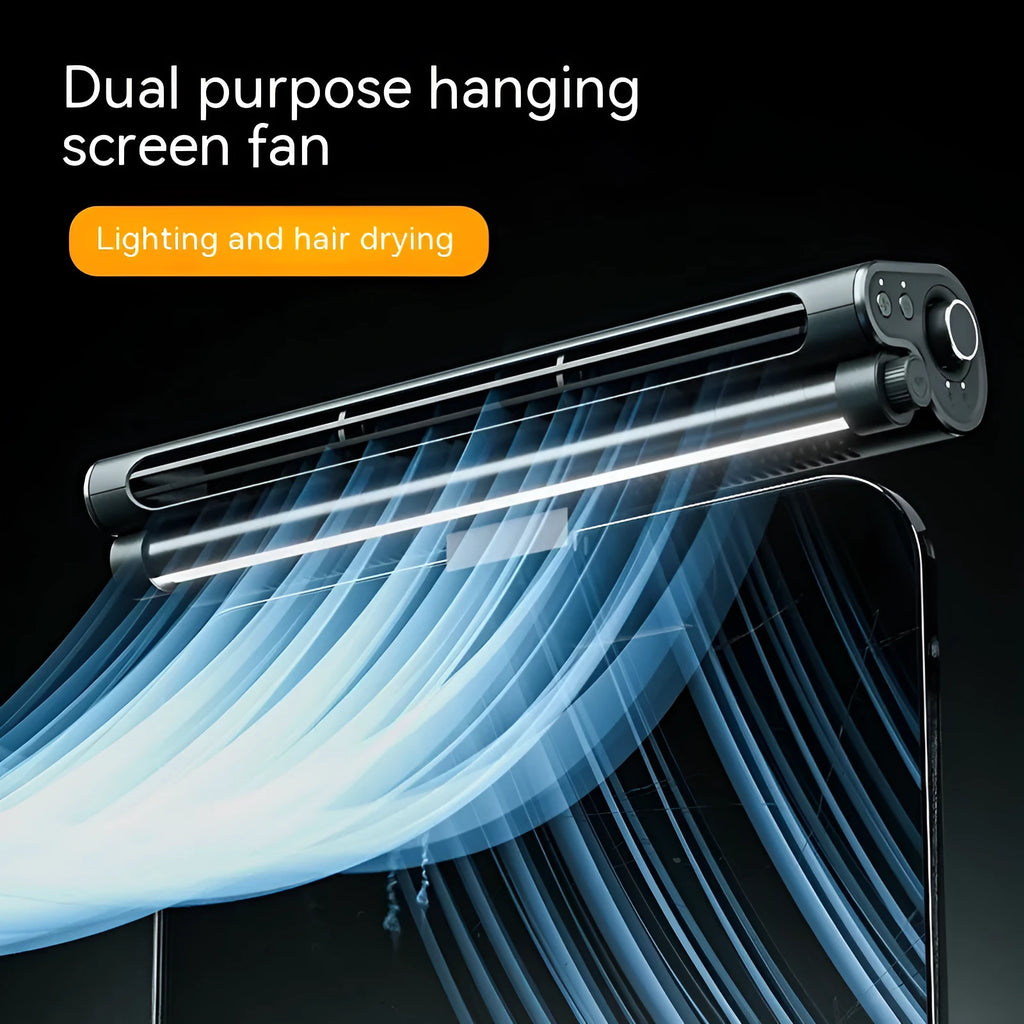 Black USB bladeless fan with clip attachment for laptop screens showing brushless motor design