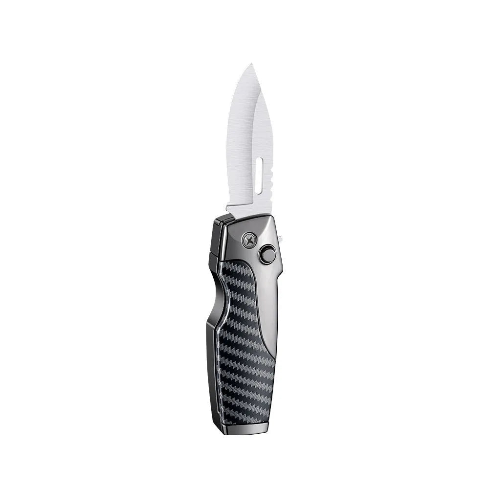 Zinc alloy folding knife and jet lighter multi-tool in black with wood grain finish, showing closed position.