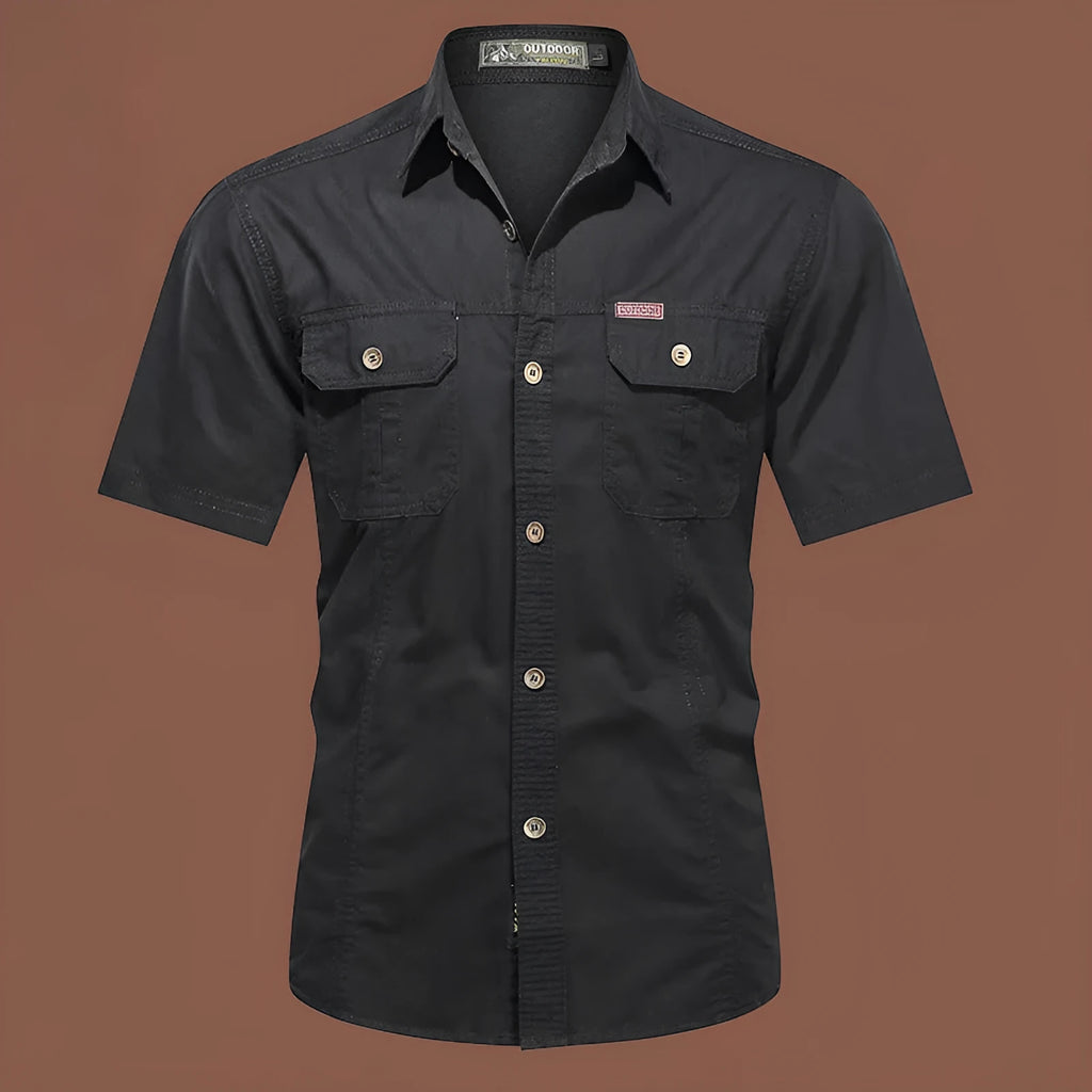 Men's short sleeve cotton work shirt in loose fit available in army green, beige, black, dark blue and other colours