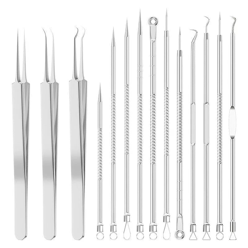 Four silver metal acne needles with pointed tips for skincare extraction