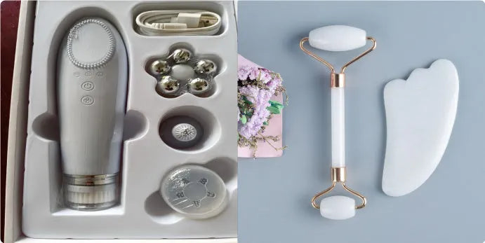 White jade facial roller and gua sha board set for skincare massage