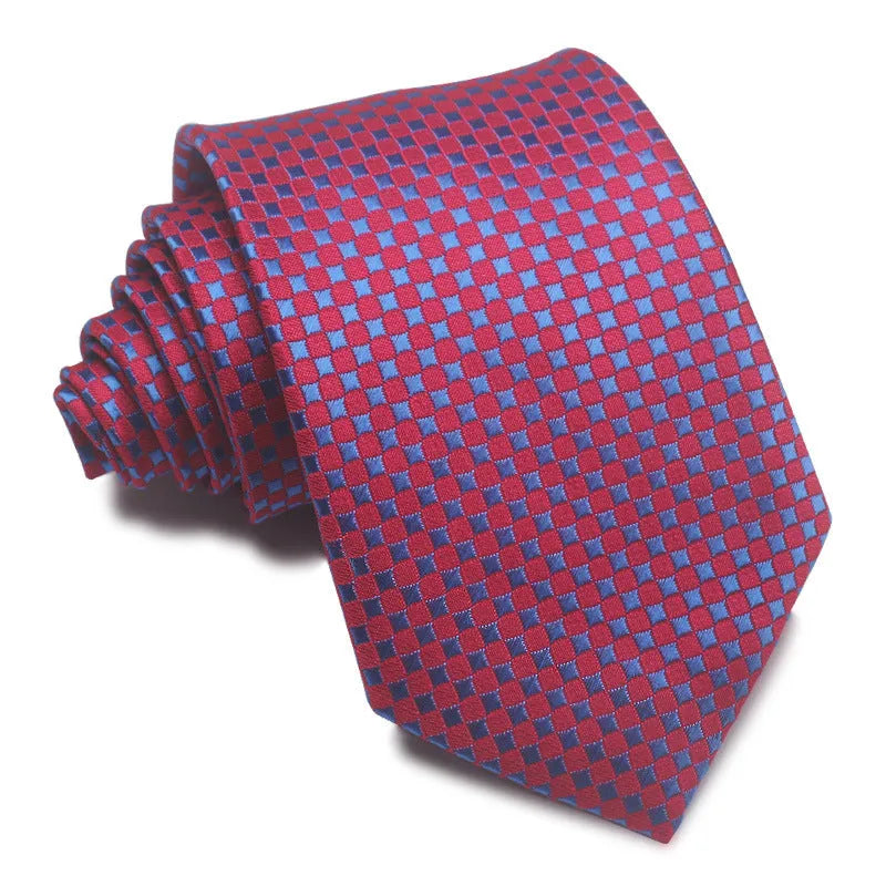 8CM wide polyester jacquard striped business tie in arrow style showing red, black, and blue colour options