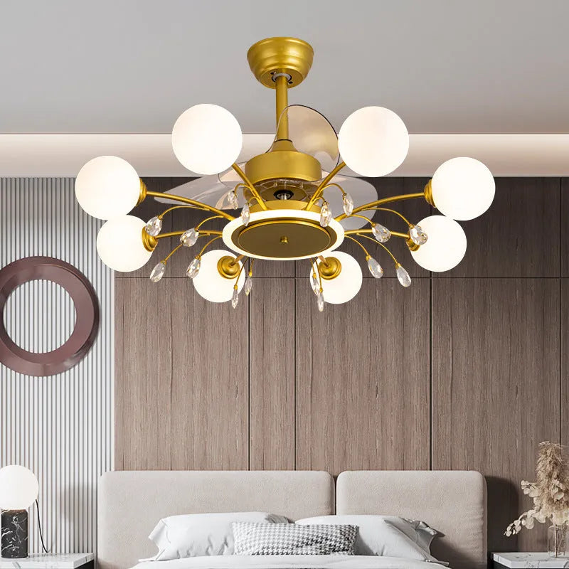 Modern black and gold ceiling fan chandelier with light bulbs and metal blades, remote control.