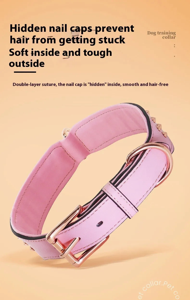 Leather dog collar with metal rivets in black, chocolate, or pink colour, shown in L and XL sizes.