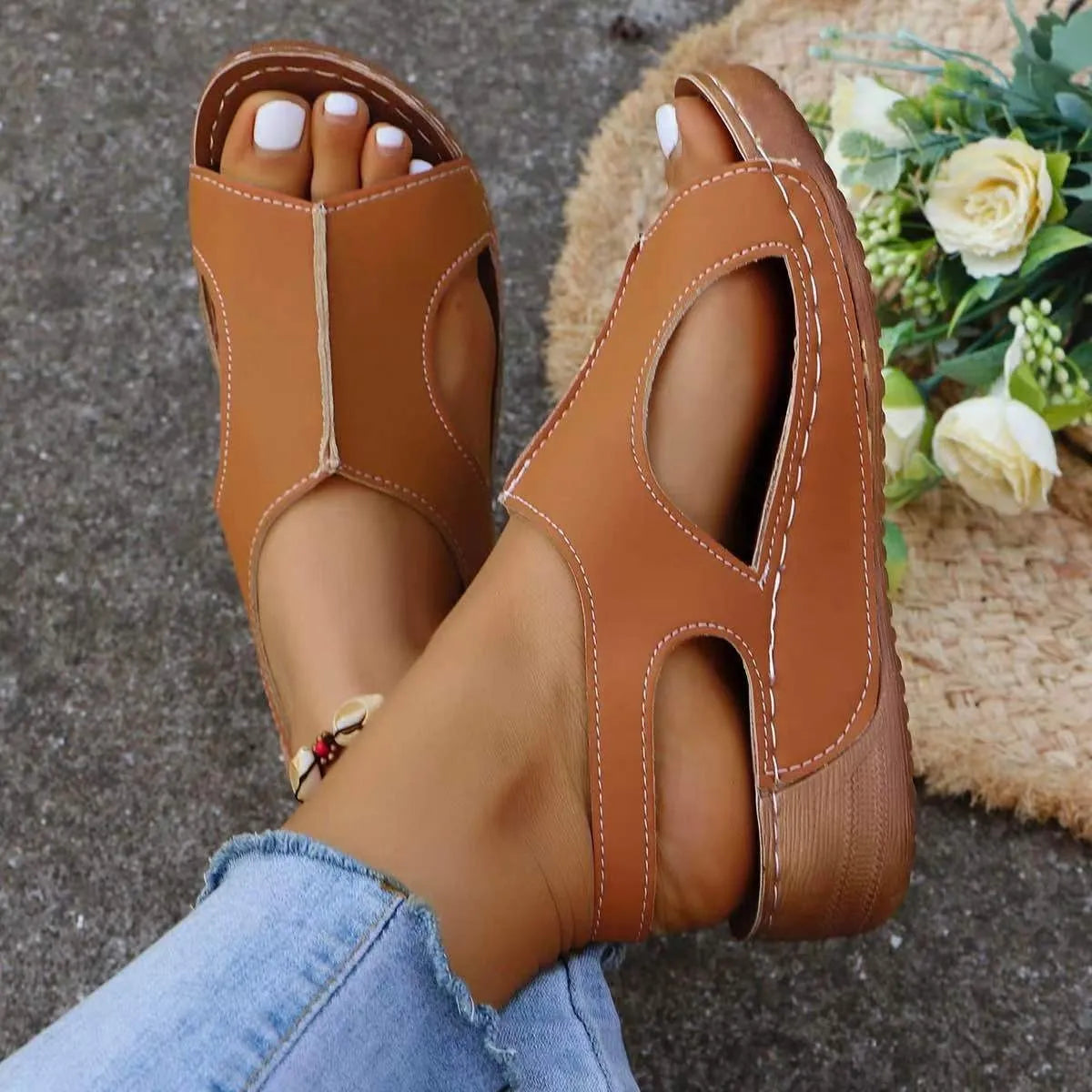New summer wedges sandals for women with elastic band, fish mouth toe, recycled leather upper, polyurethane sole