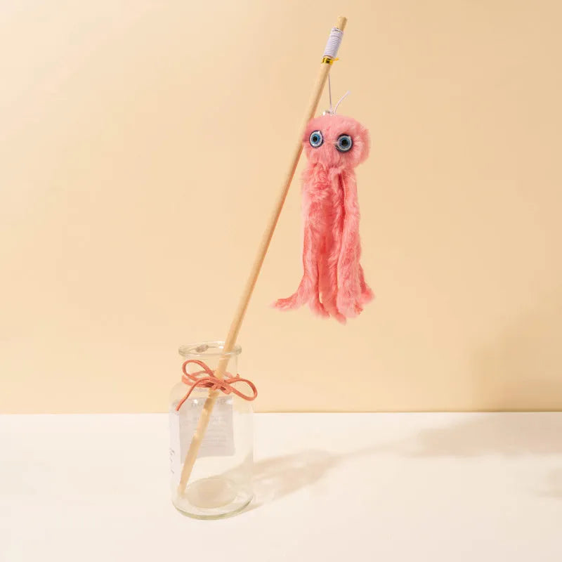 Brightly coloured furry octopus cat toy attached to a long stick for interactive indoor play