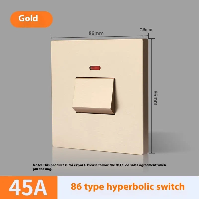 Curved rack electrical switch panel for 25A and 45A three-phase applications in gold, grey, or white