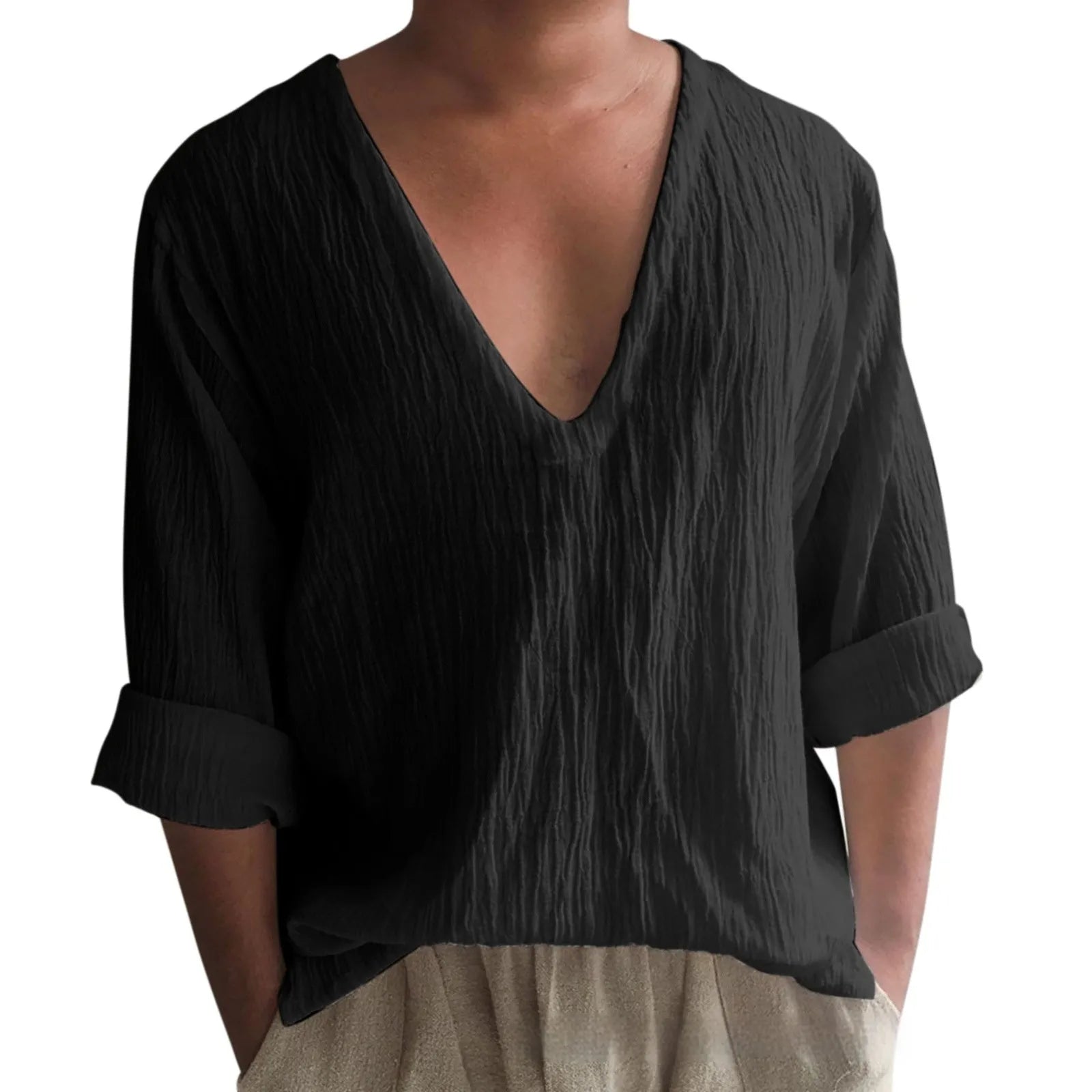 Men's solid colour V-neck long sleeve t-shirt in washed cotton fabric on a hanger