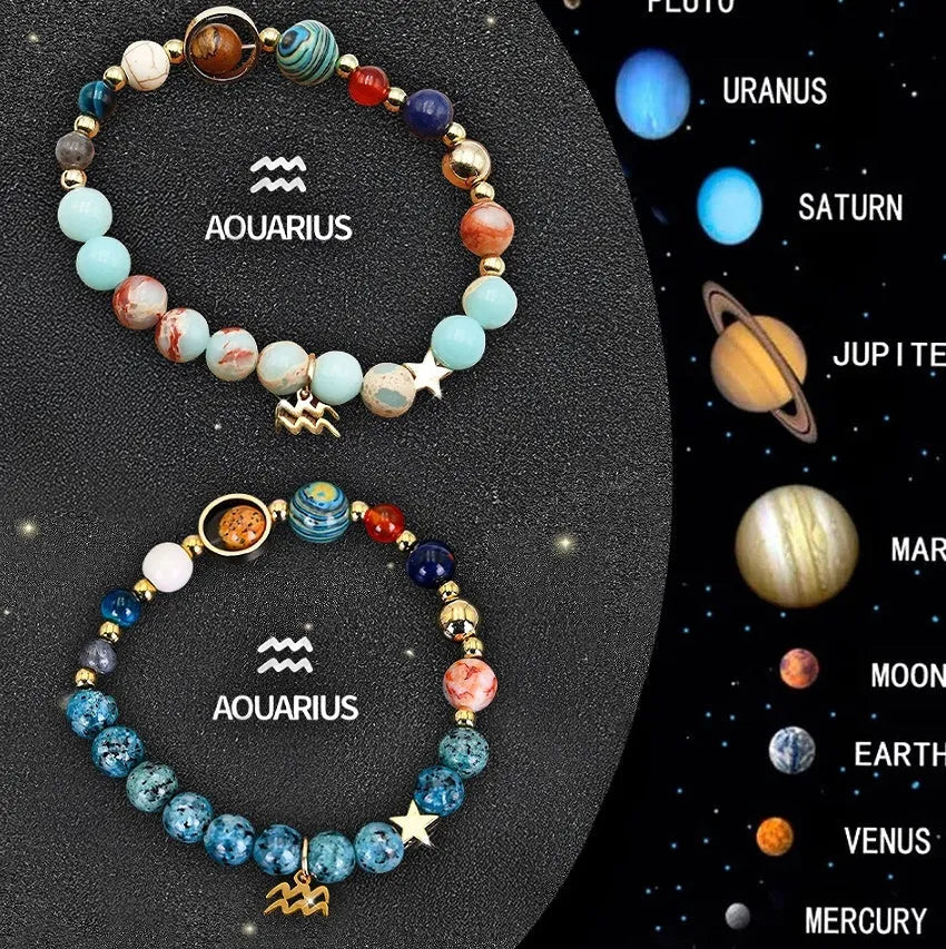 Set of twelve natural stone beaded bracelets laid out, each with a different design representing a zodiac sign.