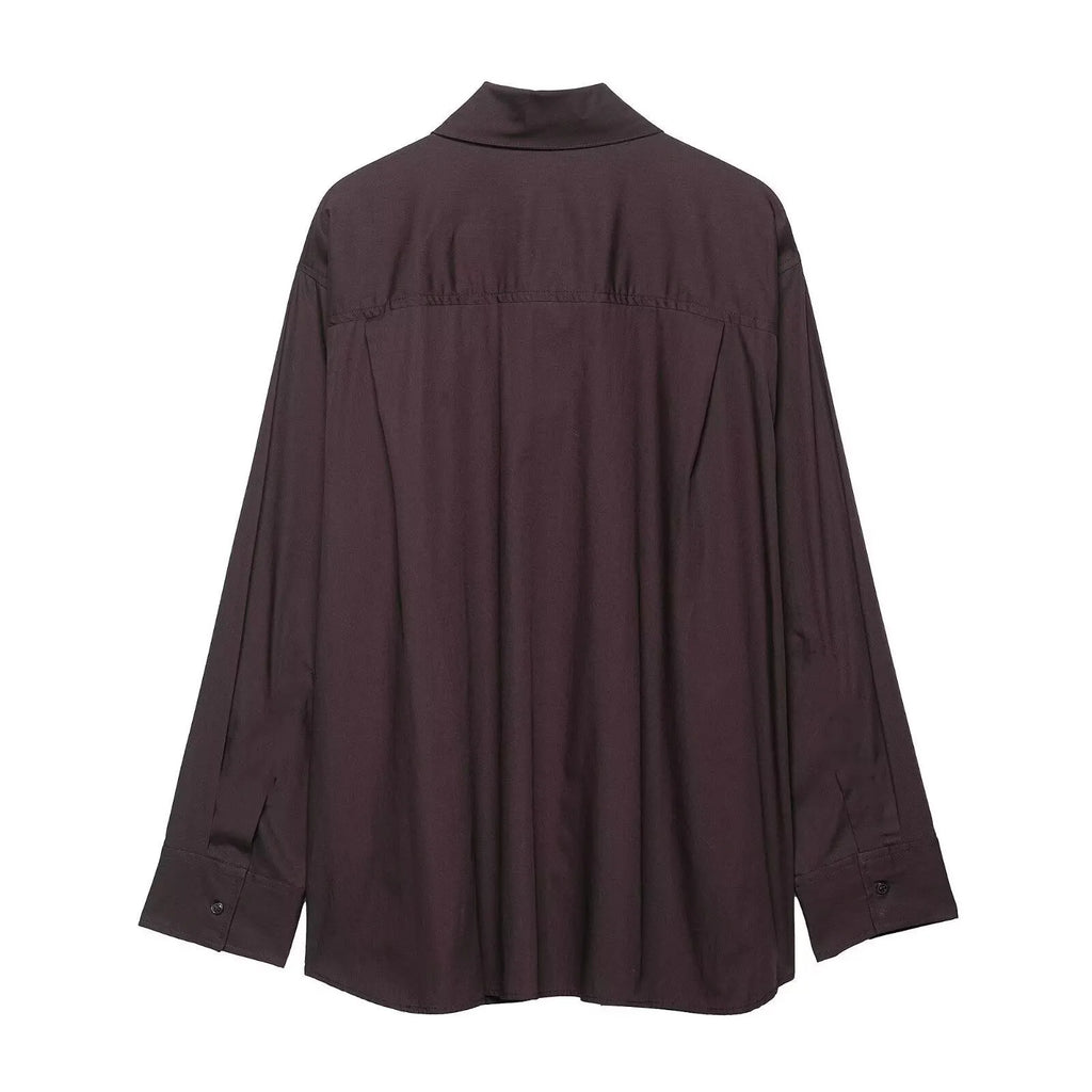 Brown women's poplin shirt with bow tie detail and long sleeves