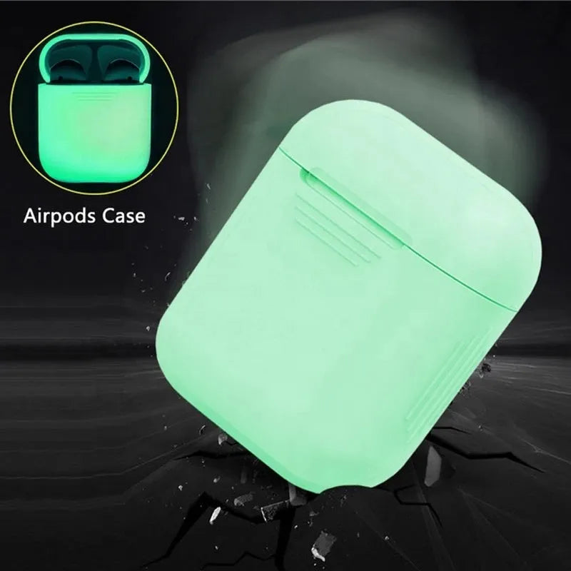 Luminous silicone protective case for Apple AirPods with flip-top design glowing in dark