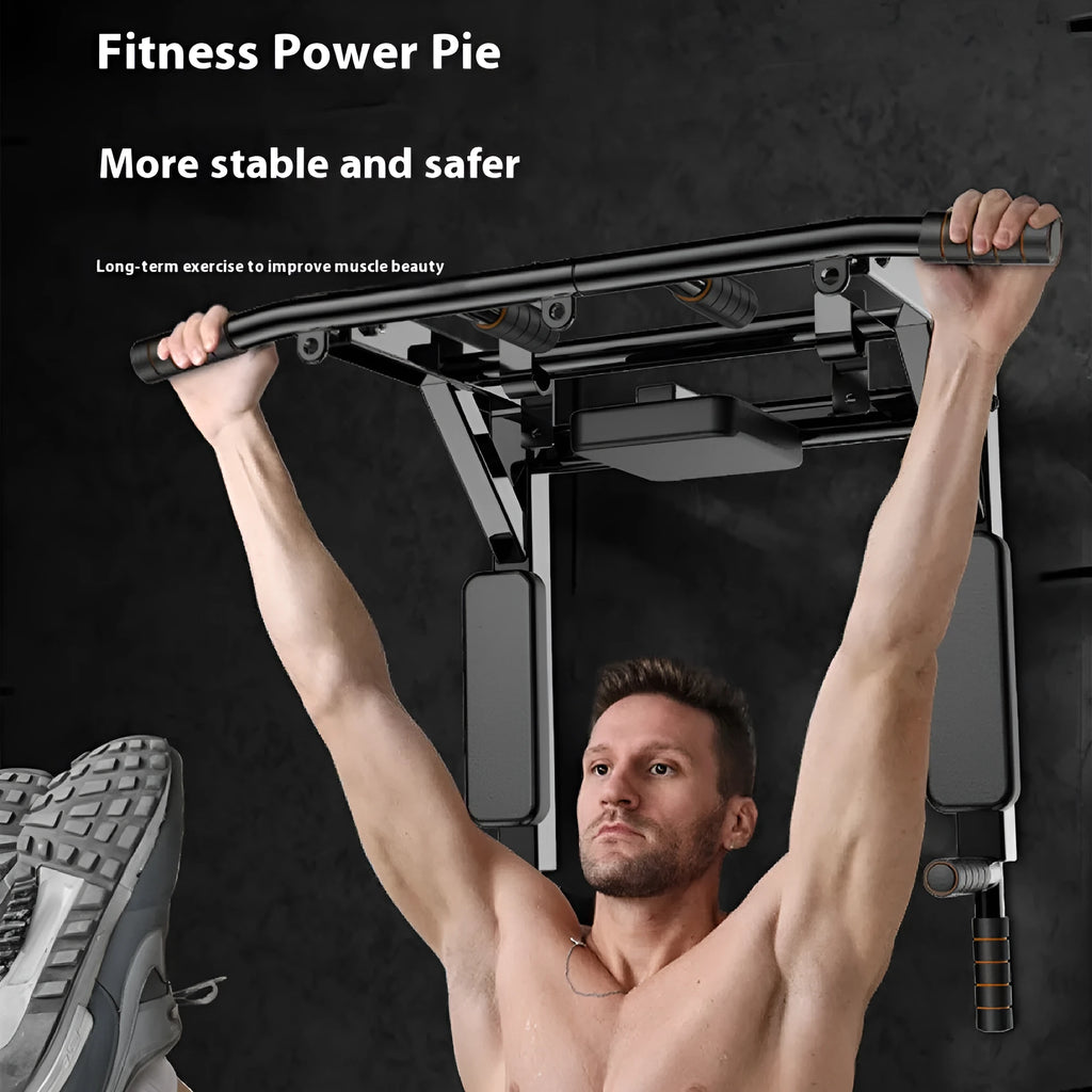 Black wall-mounted steel fitness rack with sandbag mounts and parallel pull-up bars