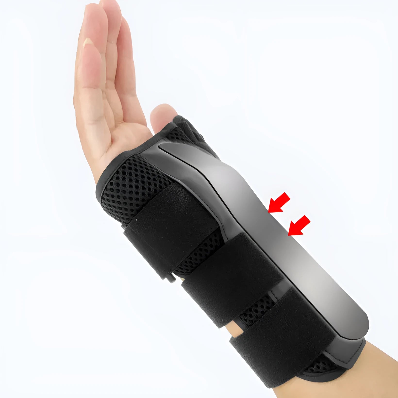 Black carbon fibre pattern wrist guard with grey edging and a thumb strap.