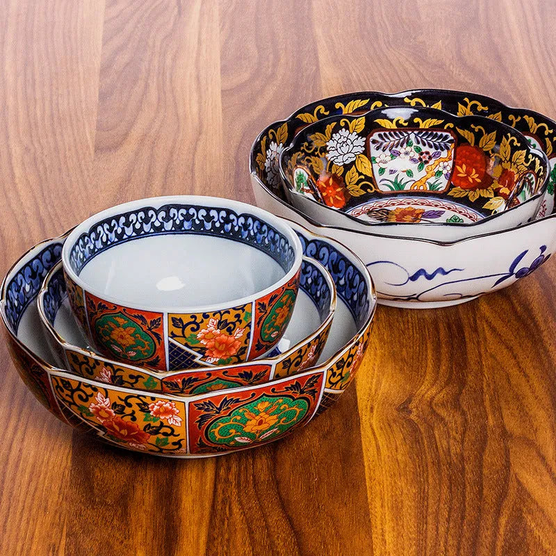 Retro Japanese style porcelain bowls with peony patterns in gold and yellow colours