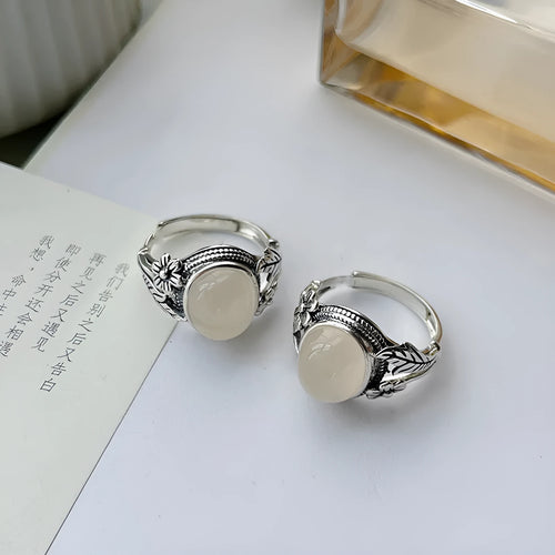 Adjustable copper vintage ring with imitation white chalcedony and antique finish