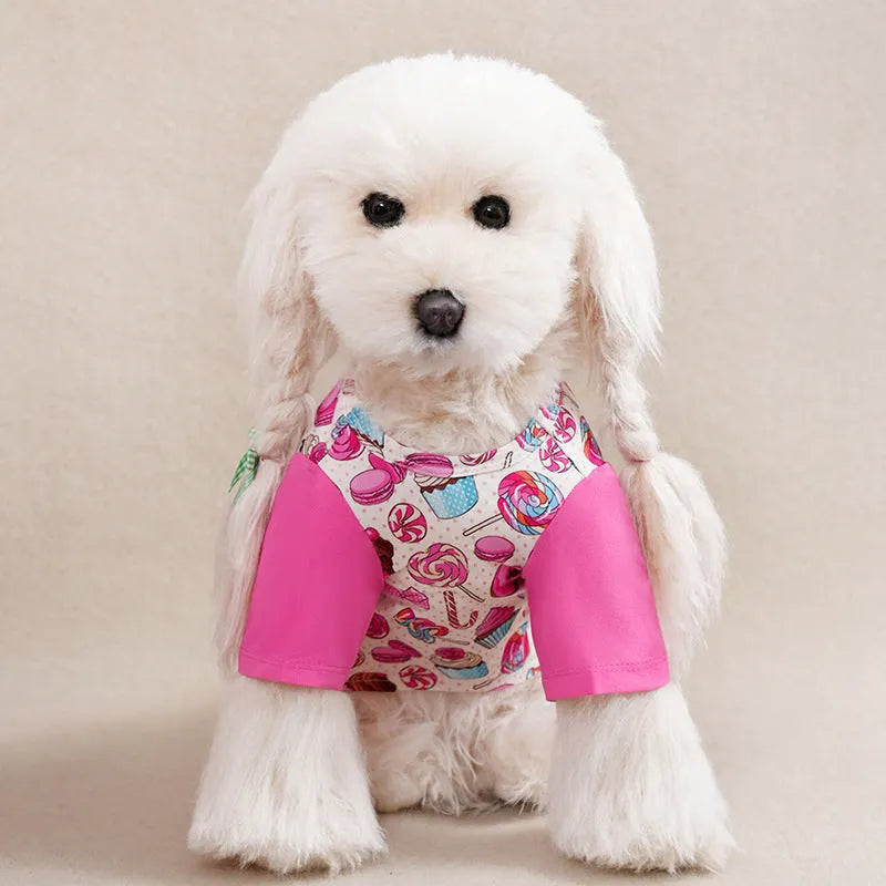 Small dog wearing a printed casual polyester T-shirt, showing the full-print design and fit.