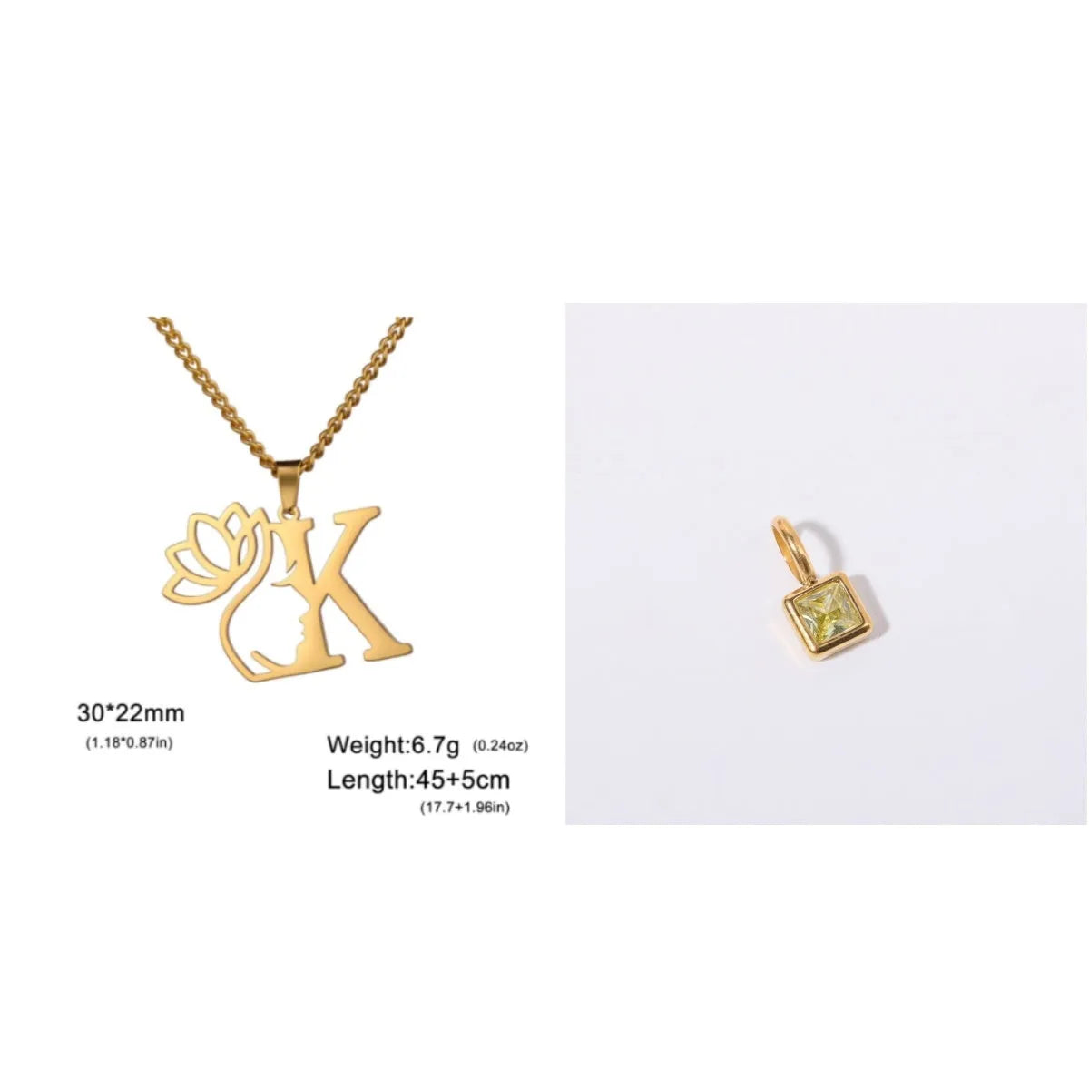 Stainless steel necklace with cross chain design and initial pendant in gold or silver finish