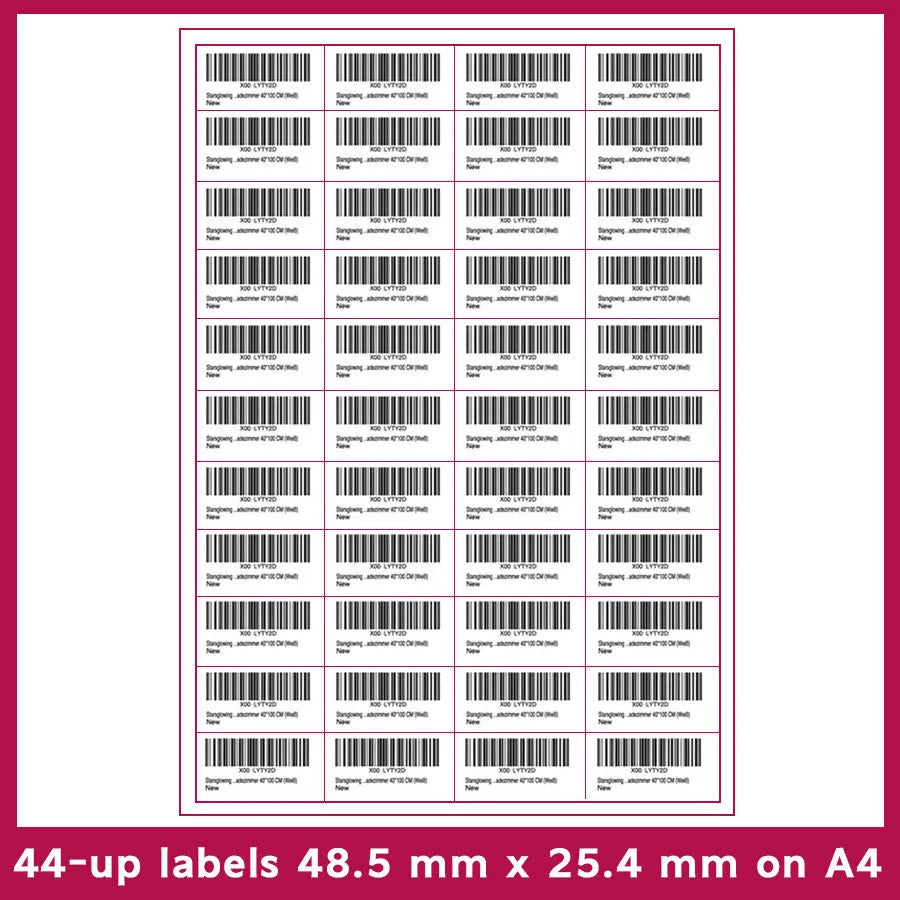 A4 FBA label paper sheets showing ten different grid formats for barcode and serial number printing