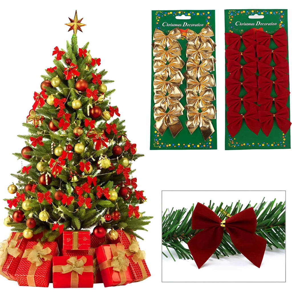 Red, gold, silver, and red-gold polyester Christmas bow ornaments measuring 5 cm.