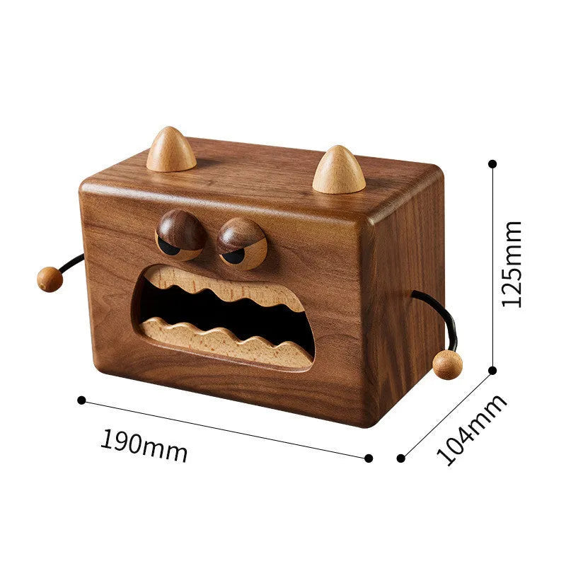 Wooden cartoon little monster tissue box in walnut beech colour, 190x104x125mm dimensions
