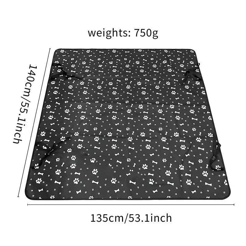 Washable cloth car pet mat for rear seat protection with dog bone print design.