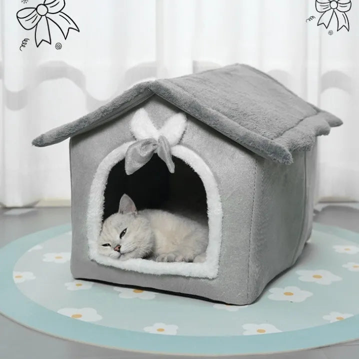 Small dog rabbit doghouse cathouse winter warm house type PP cotton bowknot design brown bear nest for cats