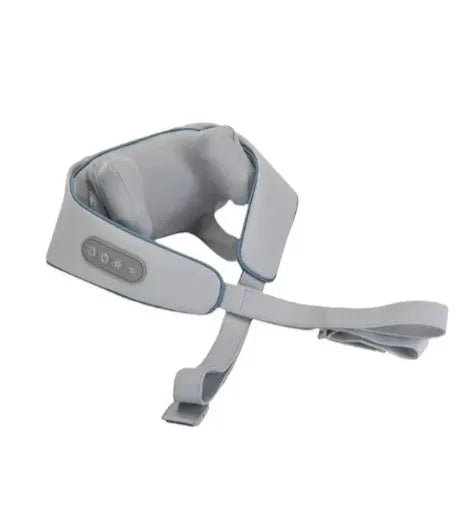 Creamy white rechargeable shoulder and neck massager with kneading function and infrared physiotherapy.