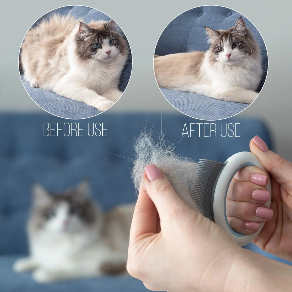 Blue pet deshedding comb with soft teeth and ergonomic plastic handle on a white background.