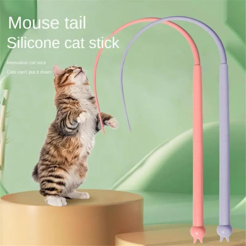 Blue simulated mouse tail cat toy stick with silicone tail and cat head handle design