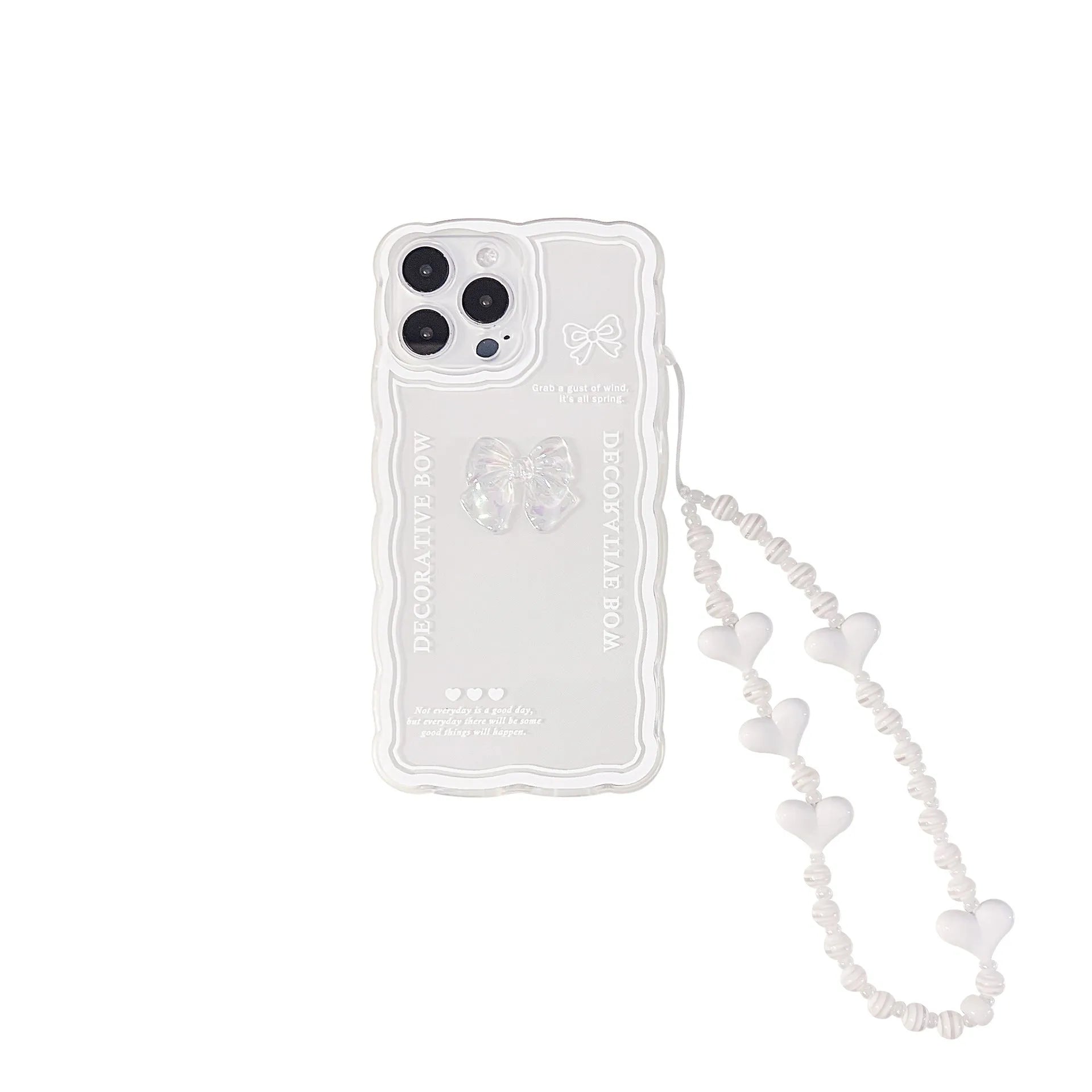 Transparent iPhone case with three-dimensional bow design and optional white love lanyard