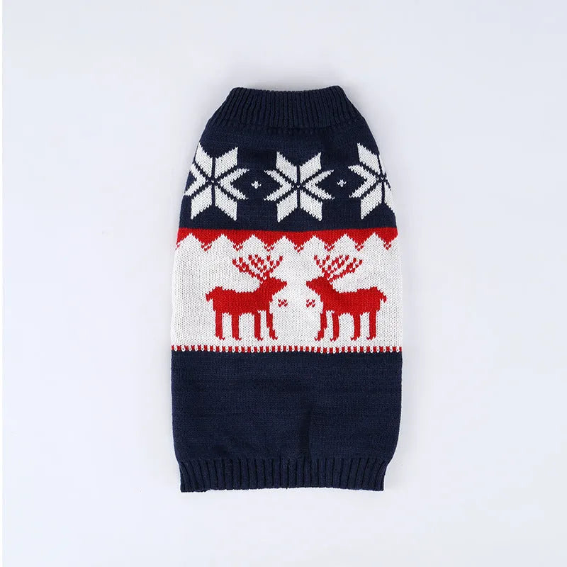 Navy blue knitted Christmas sweater for a dog, shown in a European American style.