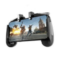 Multifunctional mobile game handle with extended grip holding smartphone, showing physical buttons and universal clip