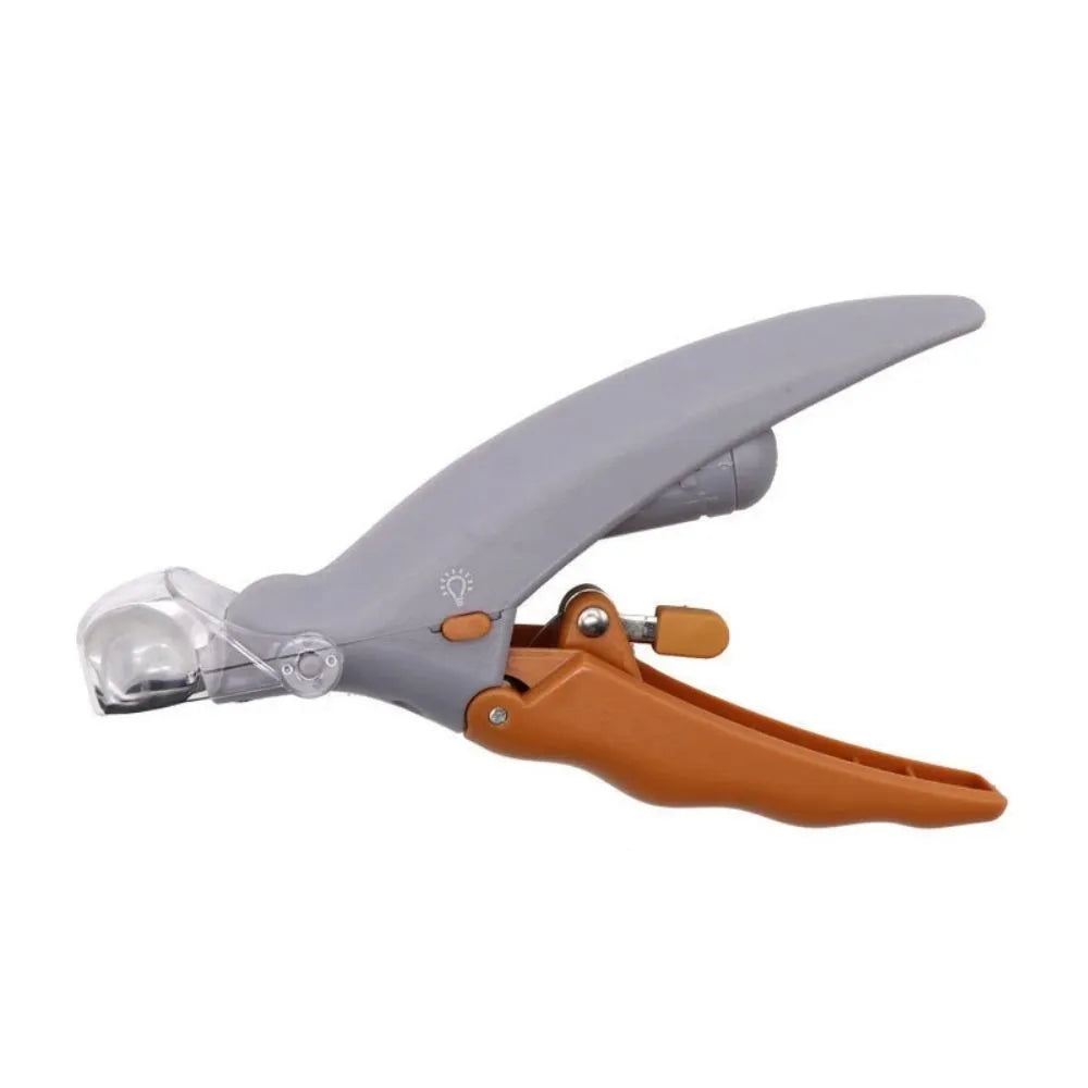 Yellow pet nail clippers for dogs and cats with built-in LED light and magnifying glass