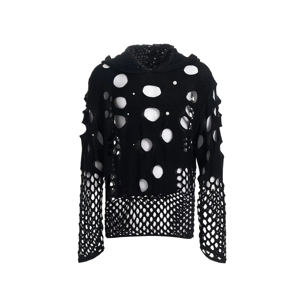 Black men's loose-fit hollow knit hoodie with pearl decorative detail on the front.